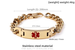 Detailed specs of medical alert bracelet with red symbol and 200mm length dimensions