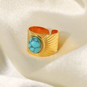 18k gold plated stainless steel ring with turquoise stone on beige silk background
