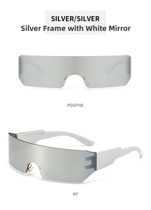 Front and 45-degree views of Y2K futuristic silver shield sunglasses with mirrored lenses