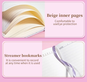Detail view of beige eye-protection inner pages and purple ribbon bookmark of A5 notebook