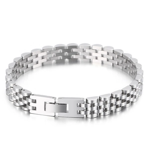 Classic silver stainless steel watch band style bracelet with three-row link design