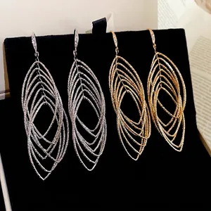 Boucles Oreilles Pendantes Ovales Creuses Multicouches Avec Zircon Incrusté Tiges En Argent Bijoux Métal Géométriques Femme