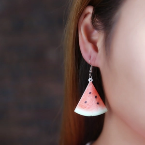 Watermelon slice dangle earrings for women with pink resin fruit charms and hooks