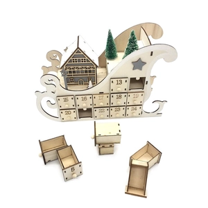 Wooden Christmas Advent Calendar Sleigh Shape Drawers LED Light Festive Home Decor Holiday Ornament Village House