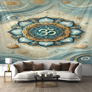 Vue détaillée d'une tapisserie mandala avec symbole Om pour décor mural zen