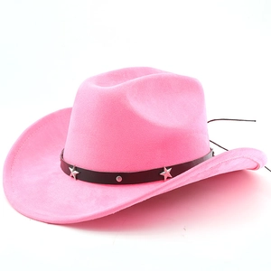 Detail of pink felt cowboy hat featuring black belt with silver star studs