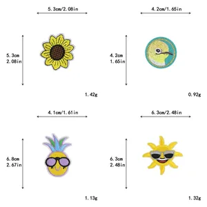 Detailed dimensions for sunflower, bird, pineapple, and sun embroidered DIY iron-on patches