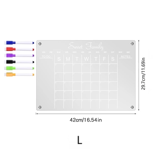 Detailed size view of acrylic magnetic weekly planner with six colorful marker pens
