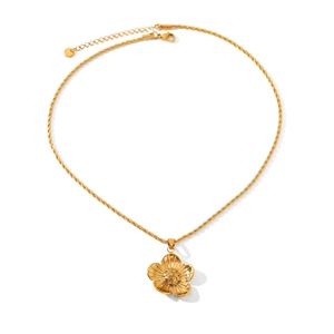 Elegant gold stainless steel floral pendant necklace with twisted rope chain design