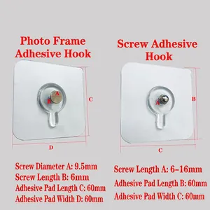 Self-adhesive screw hooks set with 60x60mm transparent base for photo frame mounting