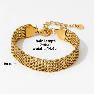 Detail of 10mm wide gold stainless steel mesh link bracelet with size and weight specs