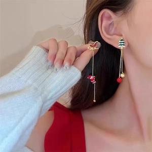 Boucles D Oreilles Pendantes Asymétriques Père Noël Arbre De Noël Alliage Émail Strass Avec Tige En Plastique Bijoux