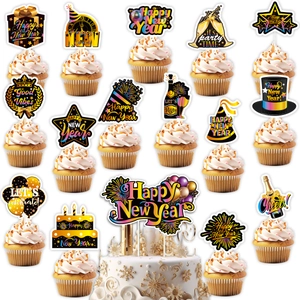 Golden and black Happy New Year cake toppers set for 2026 party celebration decorations