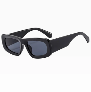 Side view of black square sunglasses featuring thick frames and wide temples for driving