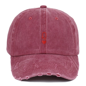 Distressed burgundy washed cotton baseball cap with red Q letter and heart embroidery