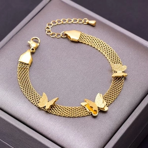 Fashion 18K Gold Plated Titanium Steel Butterfly Bracelet For Women Flat Braided Chain Adjustable Lobster Clasp Jewelry