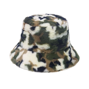 Plush faux rabbit fur bucket hat with forest camouflage pattern for winter warmth