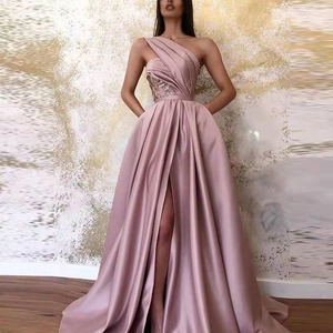 Elegant mauve one-shoulder satin evening gown with pleated waist and high side slit