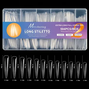 Gedetailleerde maattabel met 12 maten extra lange stiletto heldere volledige nageltips