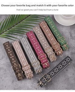 Close-up of bohemian woven shoulder straps with geometric patterns and gold metal buckles