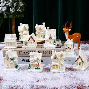 Christmas Mini Glowing House Resin LED Light Up Snow Scene Desktop Ornament Micro Landscape Festive Decor