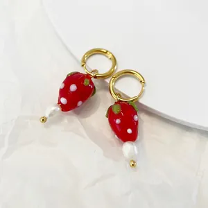 French Vintage Red Lampwork Strawberry Hoop Earrings With Freshwater Pearl 18K Gold Plated Titanium Steel Jewelry For Women