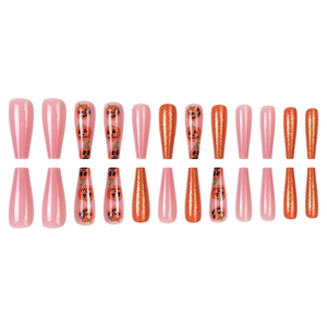 Halloween pumpkin long coffin press-on nails with orange glitter and pink patterns