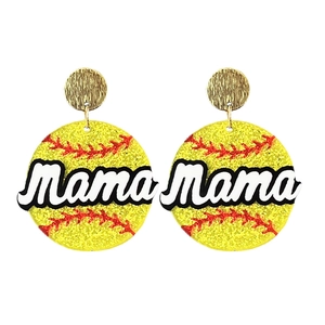 Sparkly yellow softball Mama earrings with red baseball stitching for Mother's Day gift