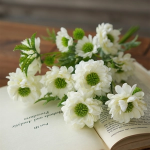 Detail of white artificial rose bouquet with green core on a wooden desk with a book