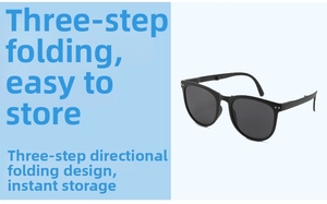 Detail of compact black folding sunglasses showing the three-step directional folding mechanism