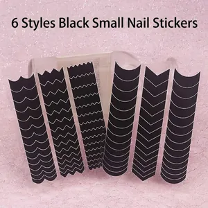 Set of 6 black geometric nail art stickers with wave and line patterns on pink background