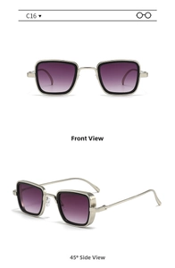 Detailed views of vintage square metal sunglasses with gold frames and gradient lenses