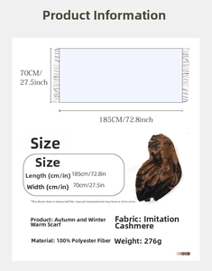 Size guide for winter cashmere-feel scarf showing 185x70cm dimensions and material specs