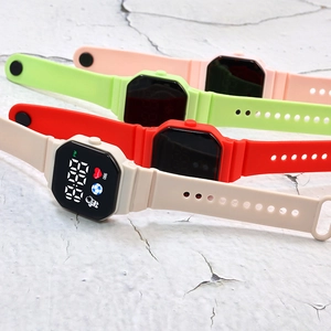 Minimalist square LED digital watches with silicone bands in beige red green and pink