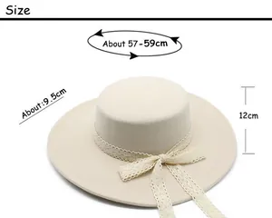 Guide des tailles montrant 57-59cm de tour de tête et 9,5cm de bord pour ce chapeau beige