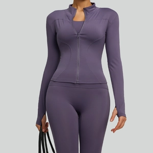 Slim fit purple yoga set with zipper jacket and high waist leggings for women