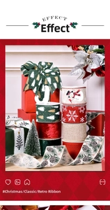 Detail of Christmas wired ribbons with snowflake and snowman prints for gift wrapping