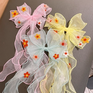 Kids Organza Hair Bow With Long Streamers And Felt Flowers Sweet Princess Hair Clip For Girls