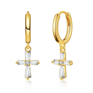 Gold plated hoop earrings with cross pendant featuring rectangular cut cubic zirconia stones