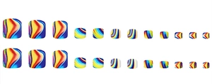 Detailed set of 24 colorful swirl pattern press-on toenails on clean white background