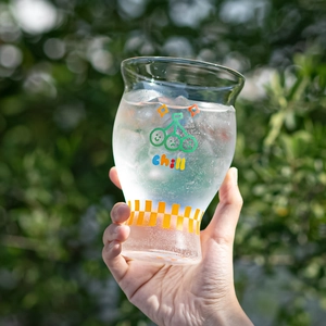 Ins-style borosilicate glass cup with chill cherry print and yellow checkerboard base