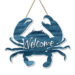 Mediterranean blue wooden crab welcome sign with natural texture and hanging rope