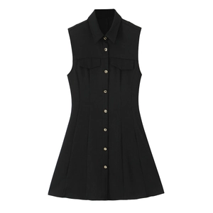 Women's black sleeveless crepe mini dress with golden buttons and utility pockets