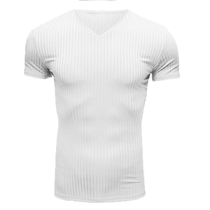 Front view of white V-neck short sleeve sports t-shirt in ribbed fabric texture