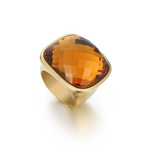 Elegant gold titanium steel ring featuring a large emerald-cut amber crystal gemstone
