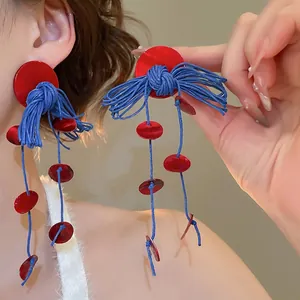 Bohemian Tassel Drop Earrings With Shell Discs Blue Wax Rope Ethnic Style For Women 925 Sterling Silver Earring Post