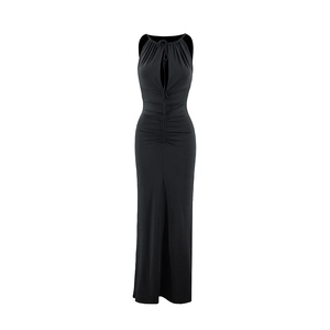 Detail of black halter neck maxi dress featuring ruched waist and keyhole tie front design