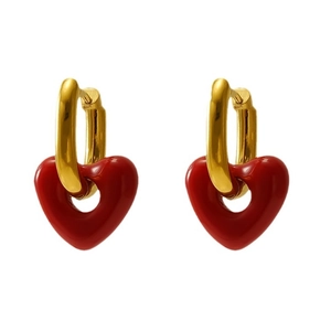Elegant gold huggie hoop earrings with polished red heart-shaped charms for women