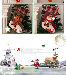 Detail of Christmas stocking ornaments featuring 3D reindeer and snowman with plaid cuffs