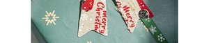 Macro detail of dark green Christmas gift box with red ribbon and Merry Christmas text